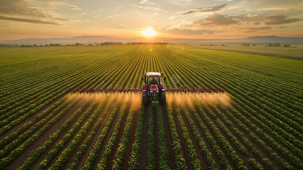 tractor spraying soil plant sprouts field protecting crops promoting growth harvest generative ai 319639332
